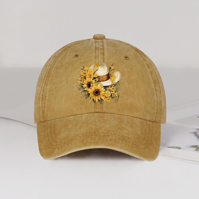 Sunflower Straw Hat Print Baseball Cap Men Women Vintage Washed Cotton Adjustable Dad Hat Summer Floral Sun Hat