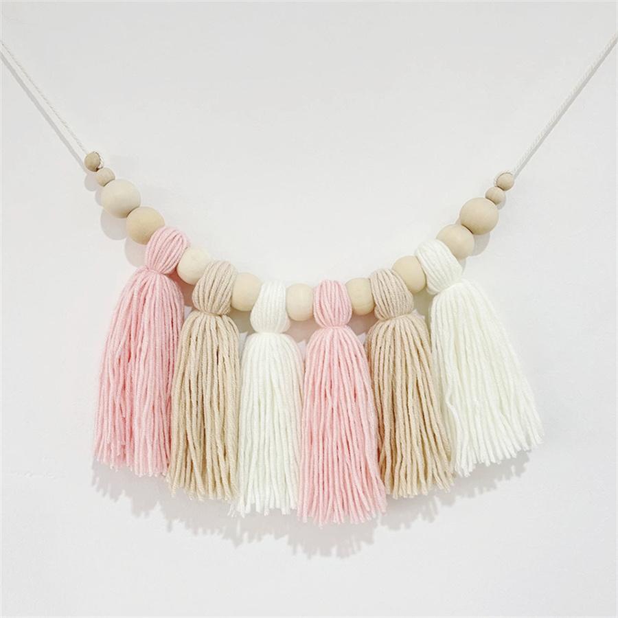 Boho Cotton Tassel Garland Wall Decoration with Wooden Beads Nursery Decor for Baby Room Tent Hanging Pendant Photo Props