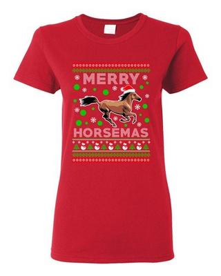 Damen Frohes Horsemas Pferd Tiere Reiten Hässliches Weihnachten Lustiges DT T-Shirt Tee Unisex T-Shirt