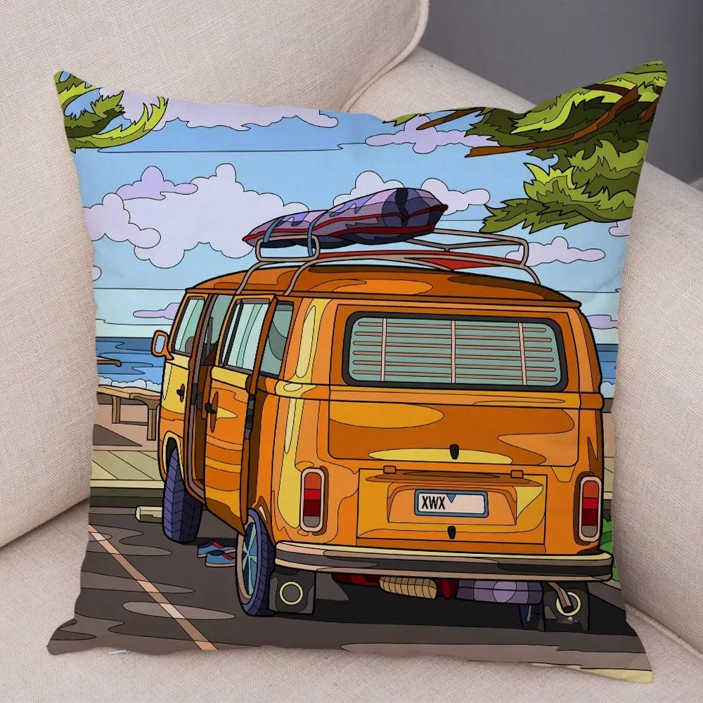 Pillowcase Happy Camper Cartoon House Travel Car Cushion Cover Sofa Home Super Soft