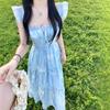 Gentle Blue Floral Small Flying Sleeve Dress Women's Summer Seaside Vacation Beautiful Backless Waist Temperament Long Dress