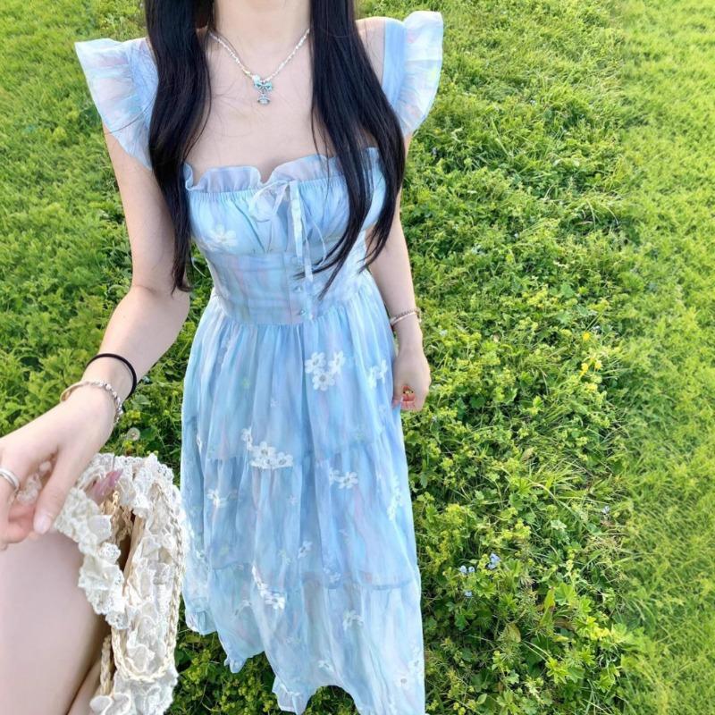 Gentle Blue Floral Small Flying Sleeve Dress Women's Summer Seaside Vacation Beautiful Backless Waist Temperament Long Dress