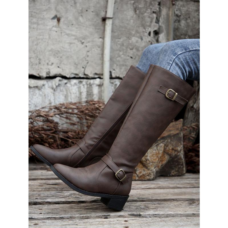 Pointed Buckle Knight Boots Winter 2025 New Plus Size Vintage Block Heel Boots