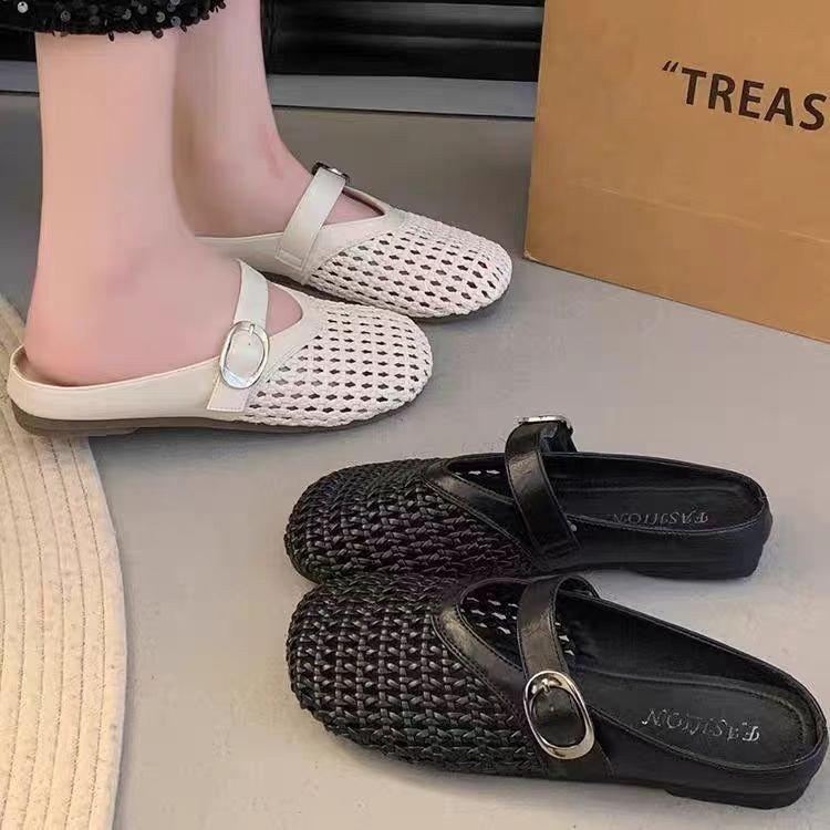 2025 summer French baotou new hollow sandals women's breathable baotou cool slippers hole lazy half slippers