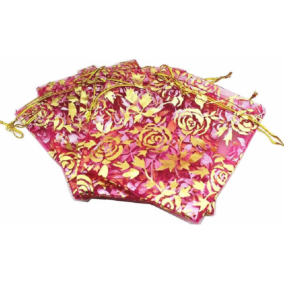 QIANHAILIZZ 100 Pack 7 x 9 Inch Drawstring Flower Heart Bags Organza Jewelry Gift Pouch Candy Pouch Drawstring Wedding Favor Bags (gold heart)