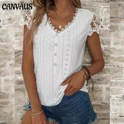 Summer Women's T-shirt Fashion Loose Solid Color Lace V-neck Short-sleeved T-shirt Tops