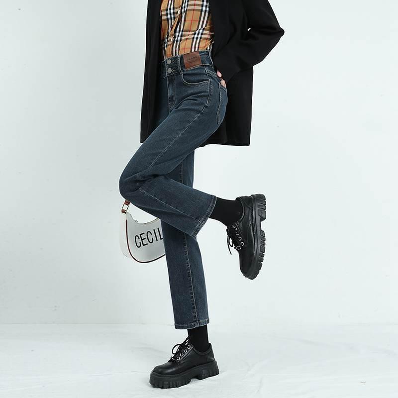 Women's Blue-Gray High-Waisted Straight-Leg Jeans, 2022 Spring/Autumn Style, Slimming & Versatile, Petite Fit, Nine-Point Cigarette Pants