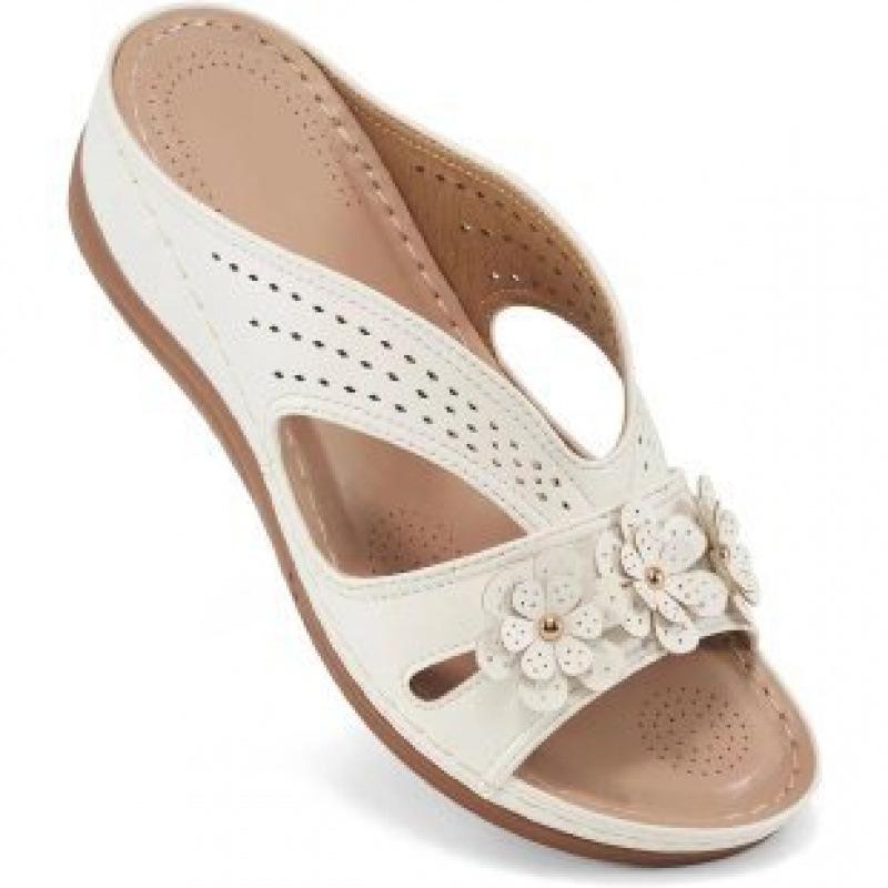 European and American large size retro flower slope heel cool slippers new casual beach fish mouth one-word sandals