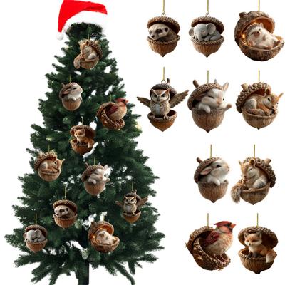 Forest Animal Acorn Ornaments 2D Flat Acrylic Pine Cone Animal Christmas Tree Ornaments Woodland Creature Hanging Decoration for Xmas Tree Home Decor