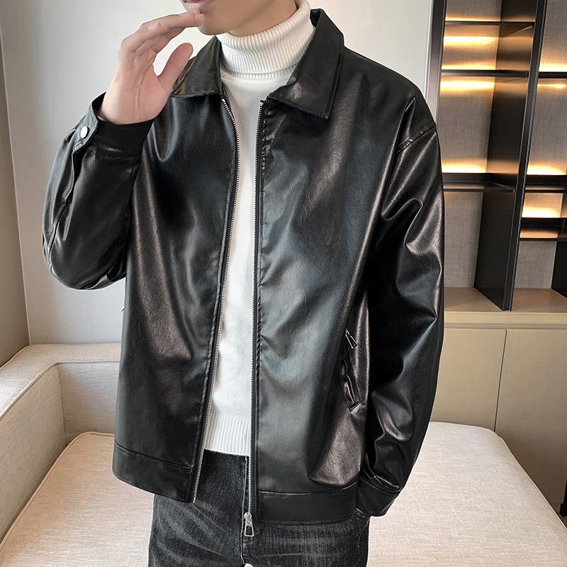 Men's Spring Autumn New Lapel Leather Jacket Casual Trendy Biker Versatile Teenager Retro Jacket Top