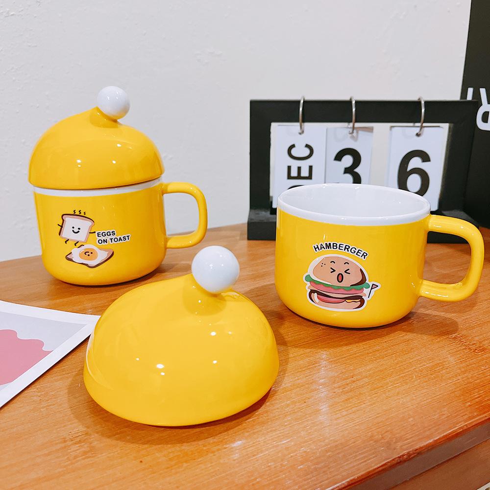 Mug Breakfast Cute Creative Hamburger Ceramic Cup with Lid Toast Fried Egg Cartoon High Value Gift