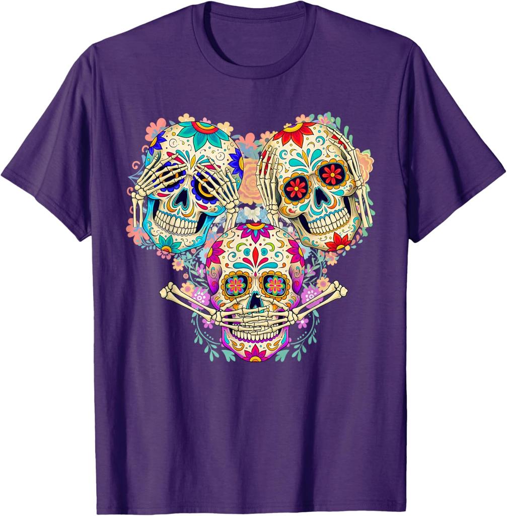 Sugar Skull Three Wise Monkeys Day of The Dead Graphic Tee Breathable Men Casual Trip T-Shirt