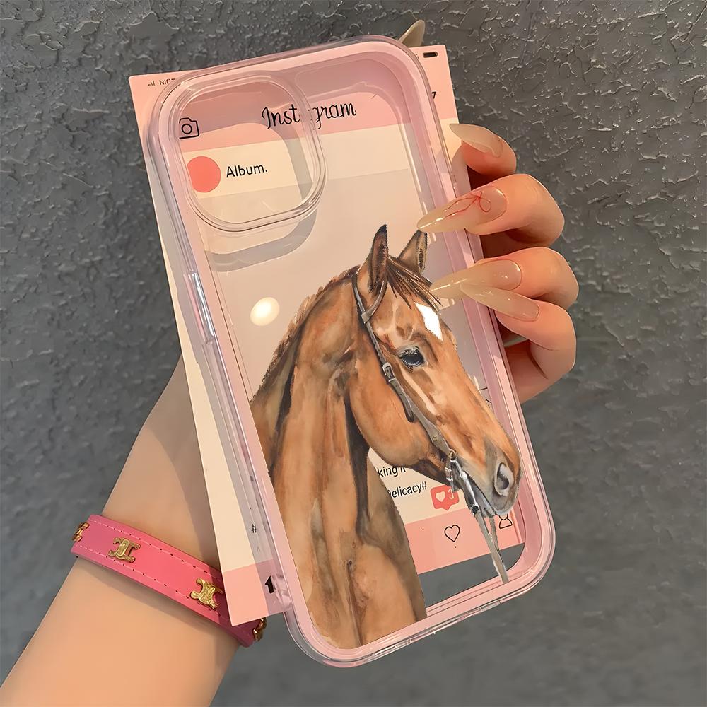 Retro Watercolor Horse Pattern Clear Phone Case For iPhone 17Air 16 15 14 13 12 11 Pro Max 14 Plus 2 In 1 Candy Color Soft Cover