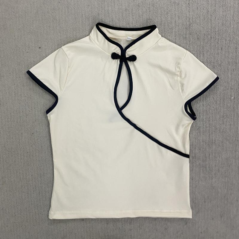 

Европейский и американский Y2K темперамент однотонный модный облегающий топ с пуговицами с воротником и короткими рукавами S абрикосовый