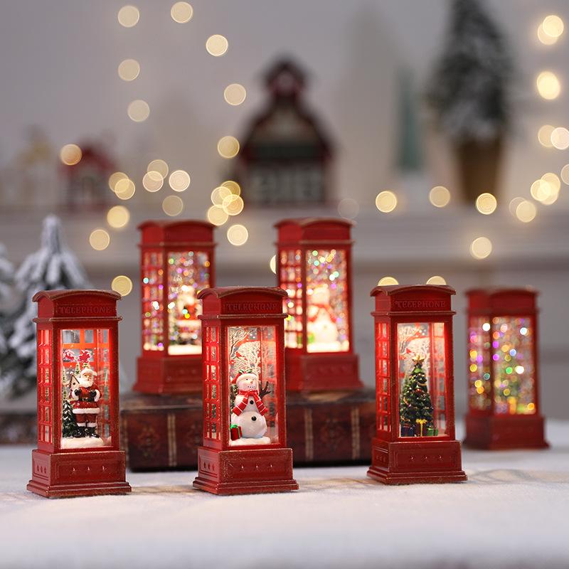 Christmas LED Flame Telephone Booth Ornament - Small Oil Lamp Prop for Coffee Shop, KTV, Scene Decor.