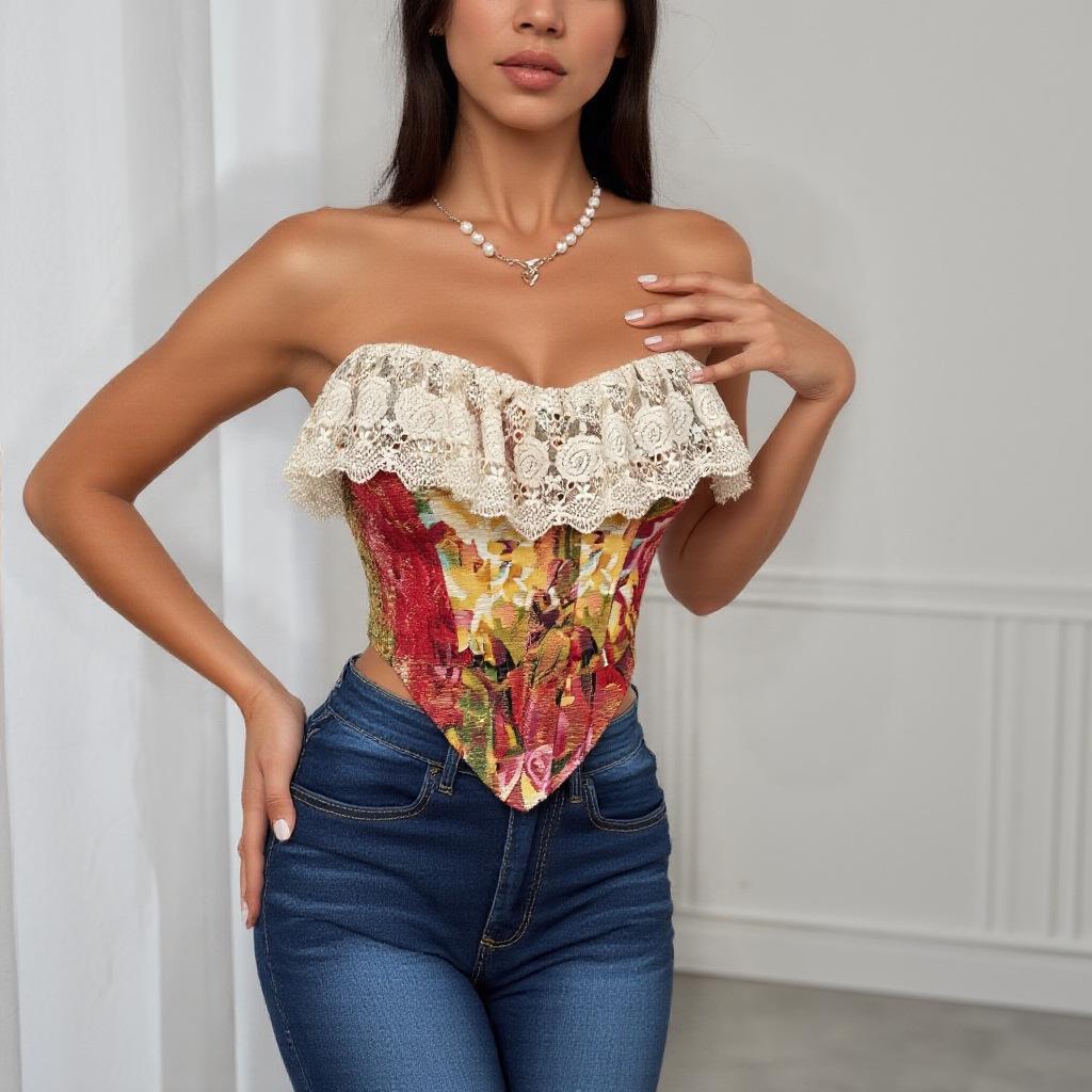 Retro Jacquard Lace Patchwork Fishbone Corset - Sexy French Oil Painting Style