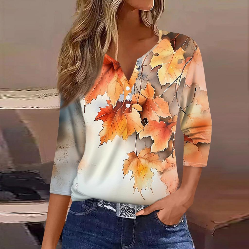 Damen T-Shirt mit Aufdruck, Knopfleiste, 3/4-Ärmel, für den Alltag, Wochenendmode, Basic, V-Ausschnitt, normales Oberteil