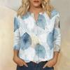Women Vintage Floral Print Button Down Henley Collar Shirt Three Quarter Sleeve Linen Cotton Blouse Casual Lightweight Top