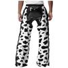 Men's Cow Print Flannel Chaps - Adjustable Waist Open Crotch Biking Pants with Side Tassels for Cowboy/Halloween (S-4XL)