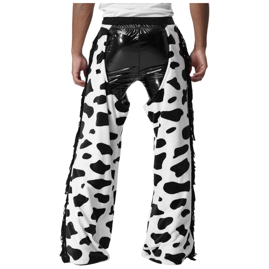 Men's Cow Print Flannel Chaps - Adjustable Waist Open Crotch Biking Pants with Side Tassels for Cowboy/Halloween (S-4XL)