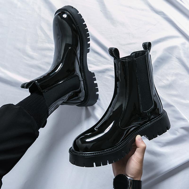 Fashion Brand Classic Black Platform Boots Men High Heel Height Increase Leather Ankle Chelsea Boots Men Thick Sole Motorcycle Boots