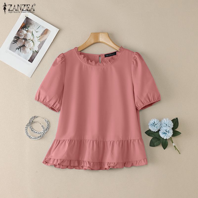 ZANZEA Lässige Bluse mit Rundhalsausschnitt und kurzen Ärmeln für Damen