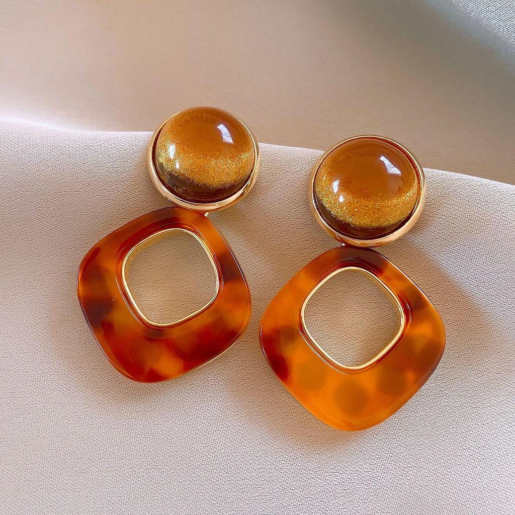 Geometric Tiger's Eye Stud Earrings, Retro Millard Style - Unique Design with Silver Needle 