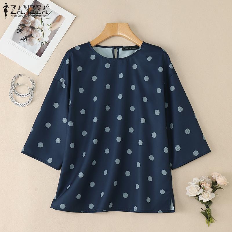 ZANZEA Women Casual Round Neck 3/4 Sleeve Loose Polka Dot Print Blouse