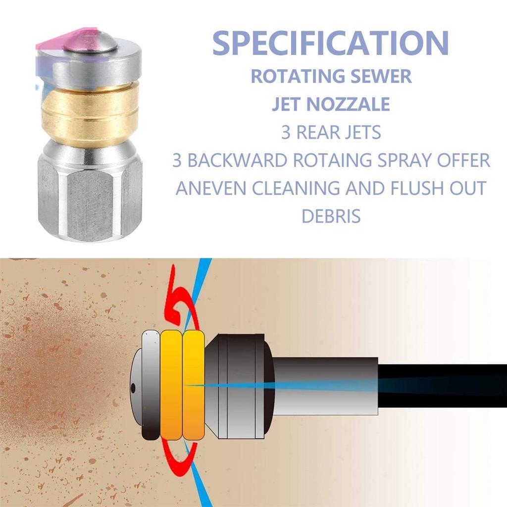 50FT 1/4" Sewer Jetter Nozzle Kit Button Nose & Rotating Sewer Jetting Nozzle High Pressure Washer Drain Cleaning Hose Kit