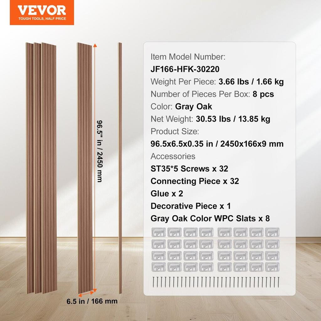 Wood Slat Acoustic Panels 8 PCS 96 X 6 Inch WPC for Modern Wall Grey Oak