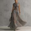 Women's Short Sleeve Lace Hem Crop Top And Chiffon Maxi Skirt 2 Piece Outfit
