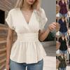 Spring V-neck Cinched Waist Solid Color Shoulder Sleeve Skirt Hem Pleated T-sleeve Top