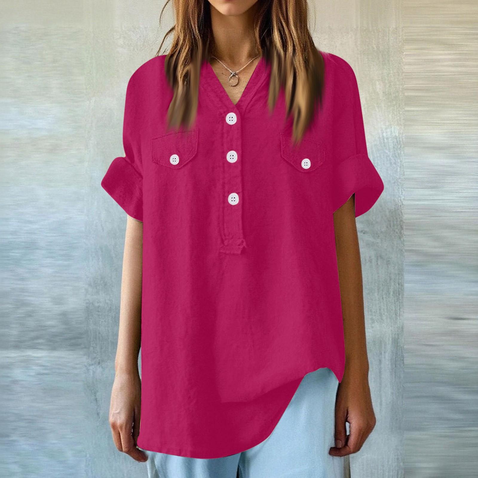 

Женская модная свободная повседневная летняя футболка с V-образным вырезом и коротким рукавом XL винный