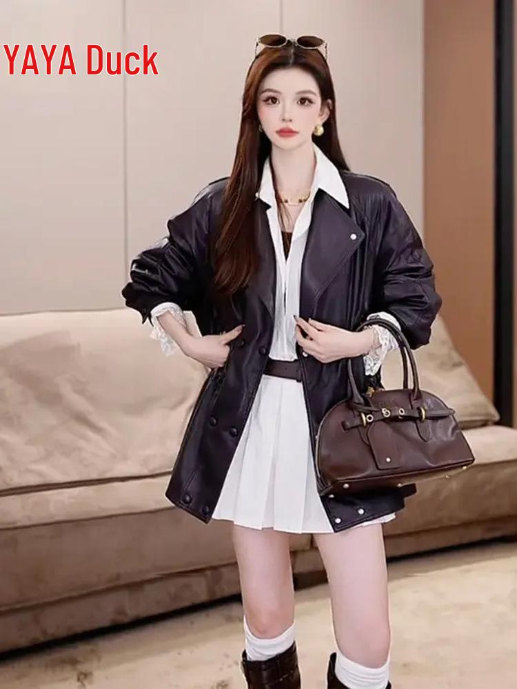 Women's Mid-Length Waist-Cinching Leather Jacket - 2026 New Stylish Temperament with 90% Duck Down Warmth