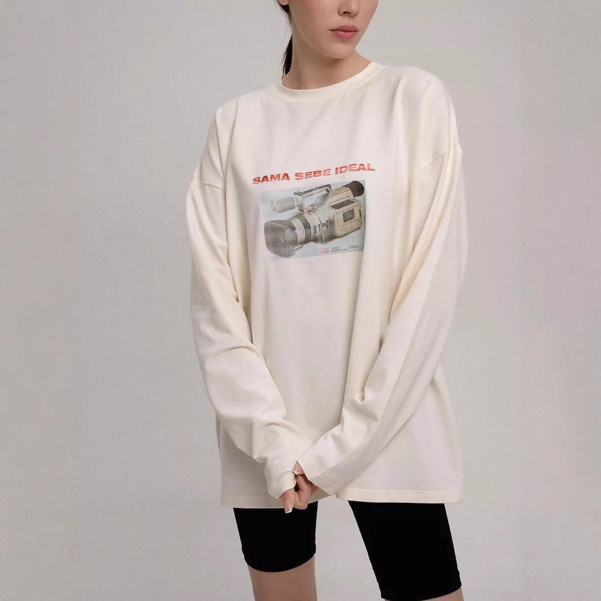 

Spring fashion temperament flow niche fun design sense printing 100% cotton t-shirt looks thin XXXL білий