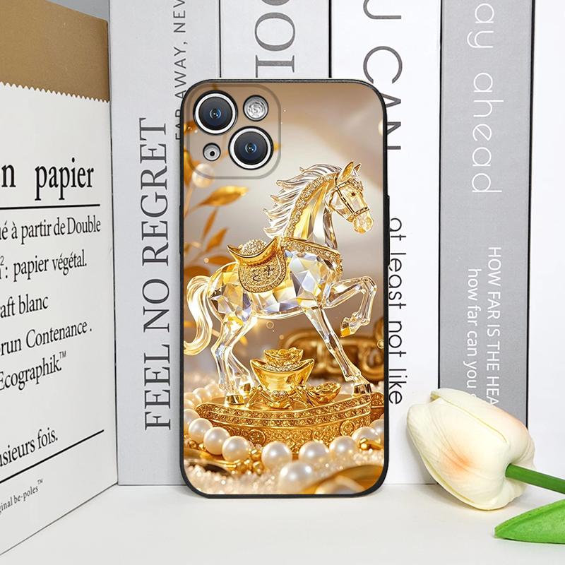 Luxury Crystal Golden Horse Pattern Phone Case for IPhone 17 16 12 11 14 Plus 13 15 Pro Max Mini X XS XR Shockproof Soft Covers