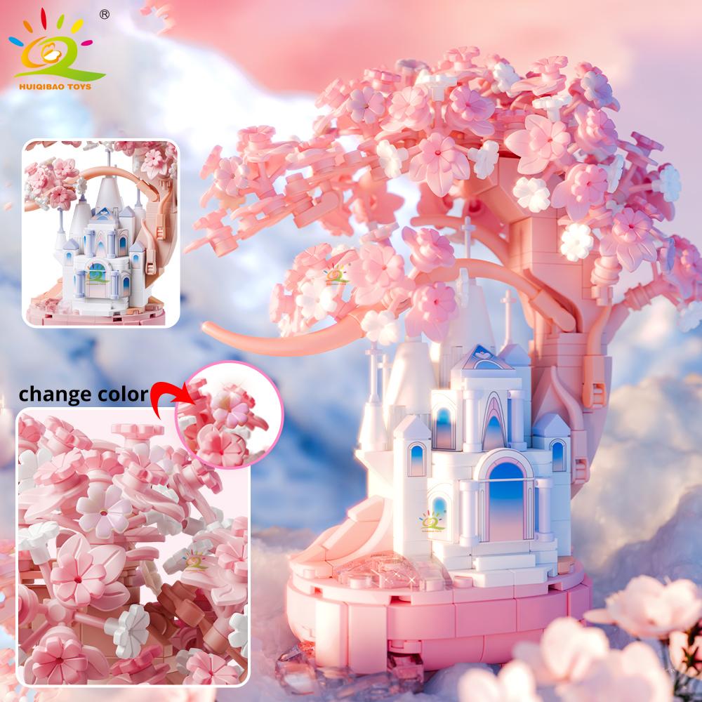 Non-Toxic Diy Discoloration Cherry Blossom Moc Flower Pink Tree House Building Blocks Classic Model Bricks Sets Kid Romantic Gift