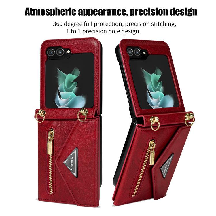 Crossbody Lanyard Leather Phone Case for Samsung Galaxy Z Flip 6 5 4 Flip6 Flip5 Flip4 Zipper Wallet Card Slot Holder Cover
