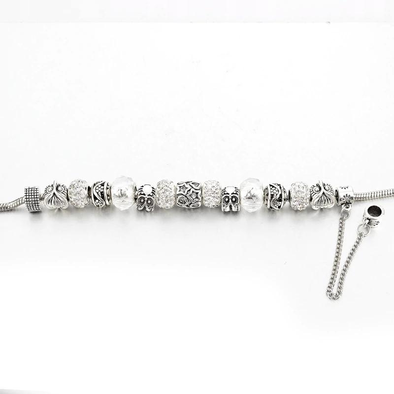 Silver Modular Bracelet White Pendants Charms Beads Owl Tree 20cm