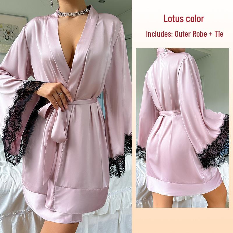 European & American Sexy Satin Mid-length Women's Long-sleeved Bathrobe Lingerie