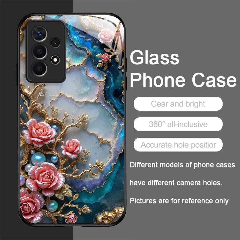 White Camellia Flower Marble Texture Tempered Glass Phone Case for Samsung Galaxy S26 S25 Ultra S24 S23 Plus S22+ S21 FE Covers