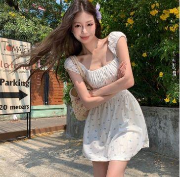 Summer fishbone French square neck floral dress waist temperament thin short backless romantic sweet dress S белый