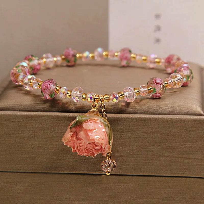 Exquisite Pink Rose Garden Crystal Bracelet & Rose Pendant Anklet for Women