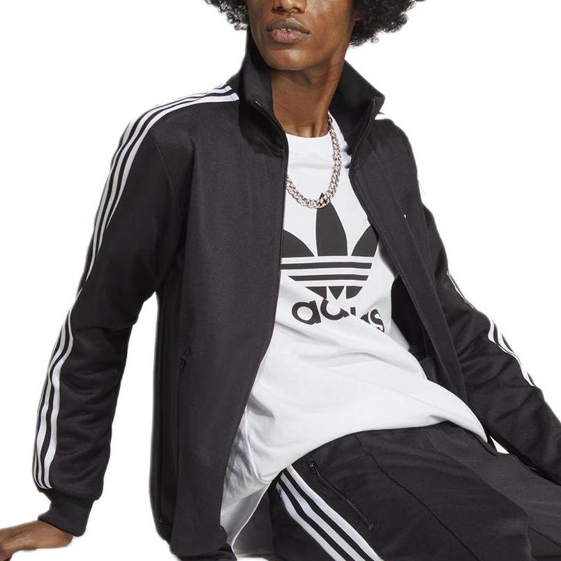 adidas Originals Kleeblatt-Logo Print Reißverschluss Stehkragen Jacke Herren Jacken Schwarz IA4778