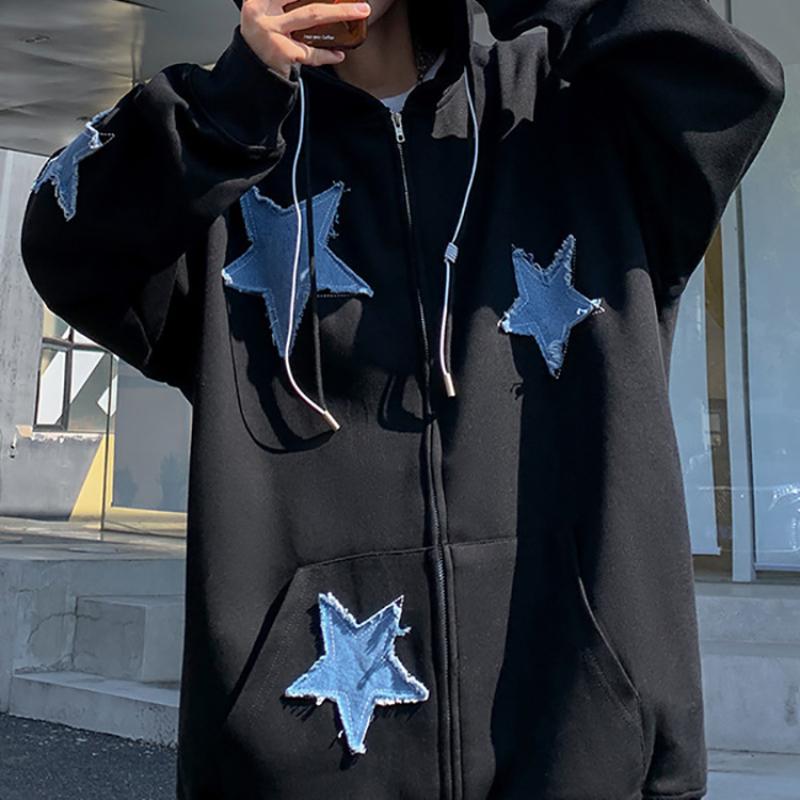 

Чоловічий кардиган із вишитою верхньою частиною для пари знаменитостей, модний осінньо-зимовий тренд, вільний плюшевий джинсовий светр із латками y2k S чорний