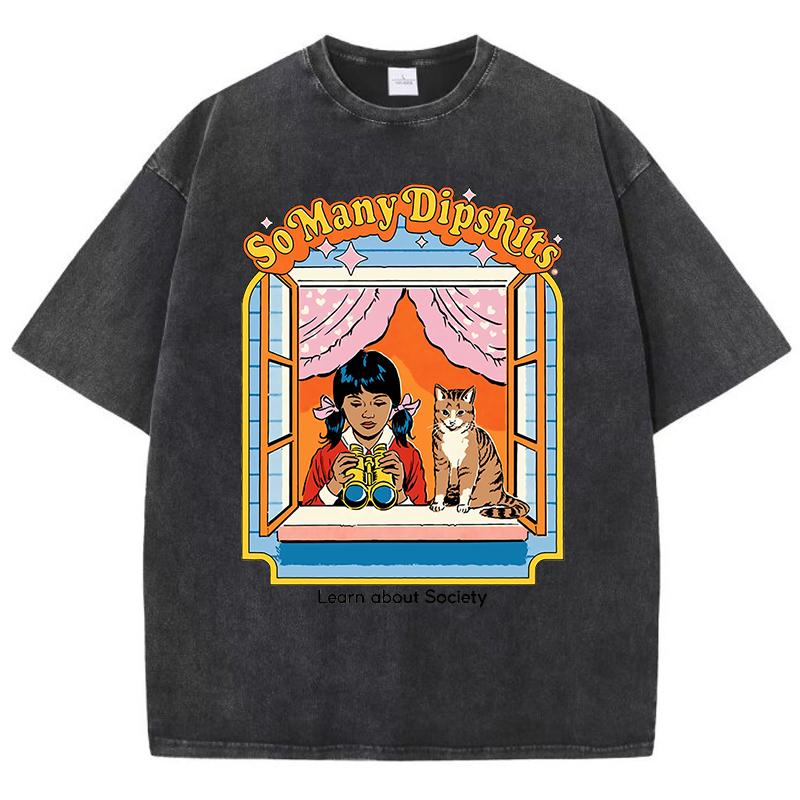 Carrying A Catlearn About Society Washed Retro Men T Shirts Breathable Tee Clothes Cotton Summer Loose Oversized T Shirt