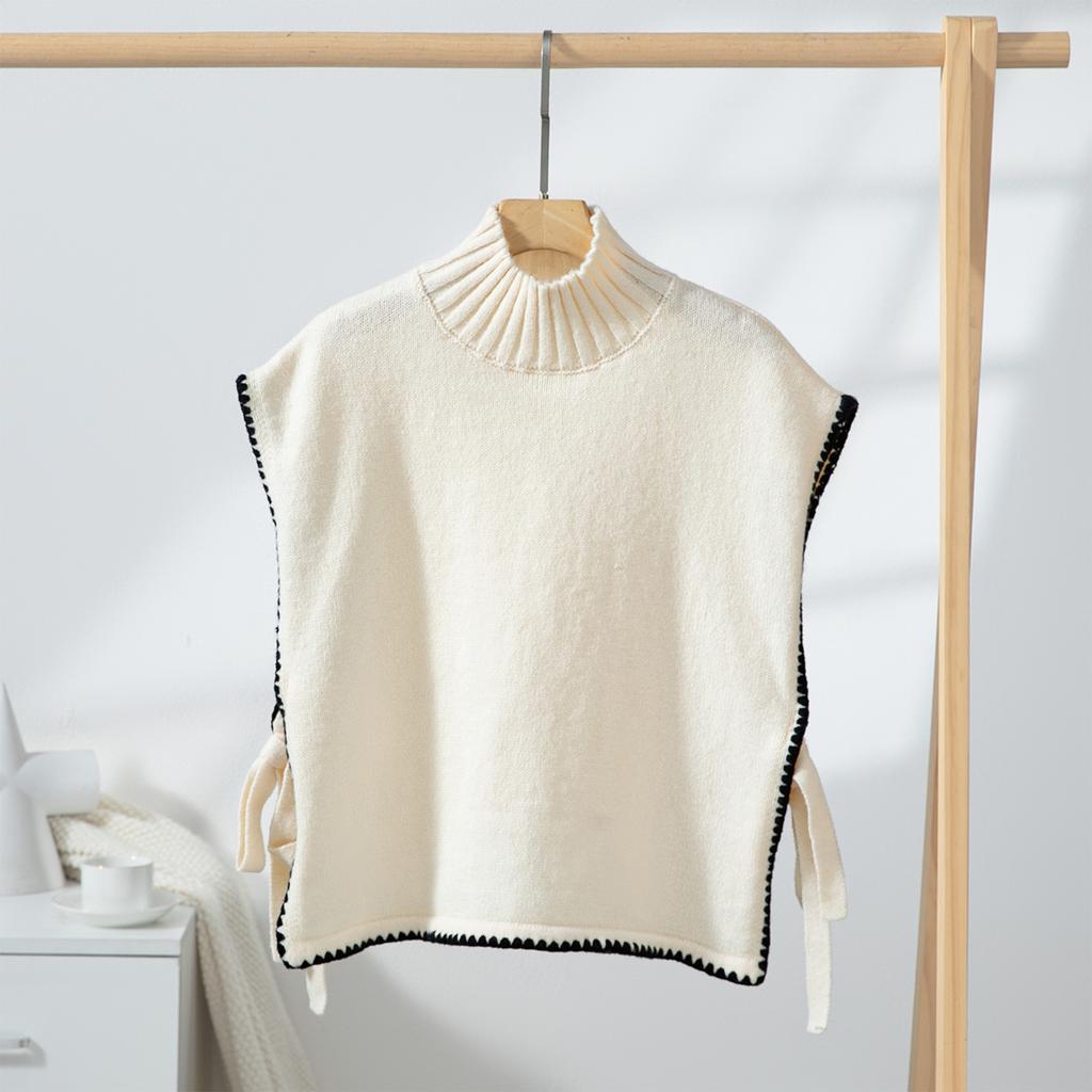 Women's Vest Half High Collar Color-blocked Bow Knitted Vest Loose Sleeveless Sweater Vest Top