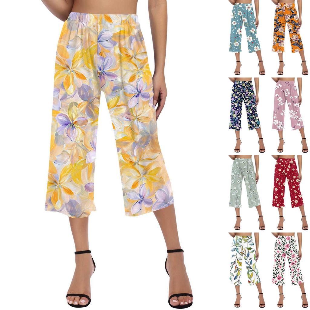 Women's High Waist Printed Casual Trousers Workout Pants 3/4 Pants