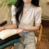 Sommer Vintage Puff Hülse Gestrickte Bluse Frauen Koreanische Halb Stehkragen Casual Elegante Frau Shirt Mode Schlank Solide Tops 25244