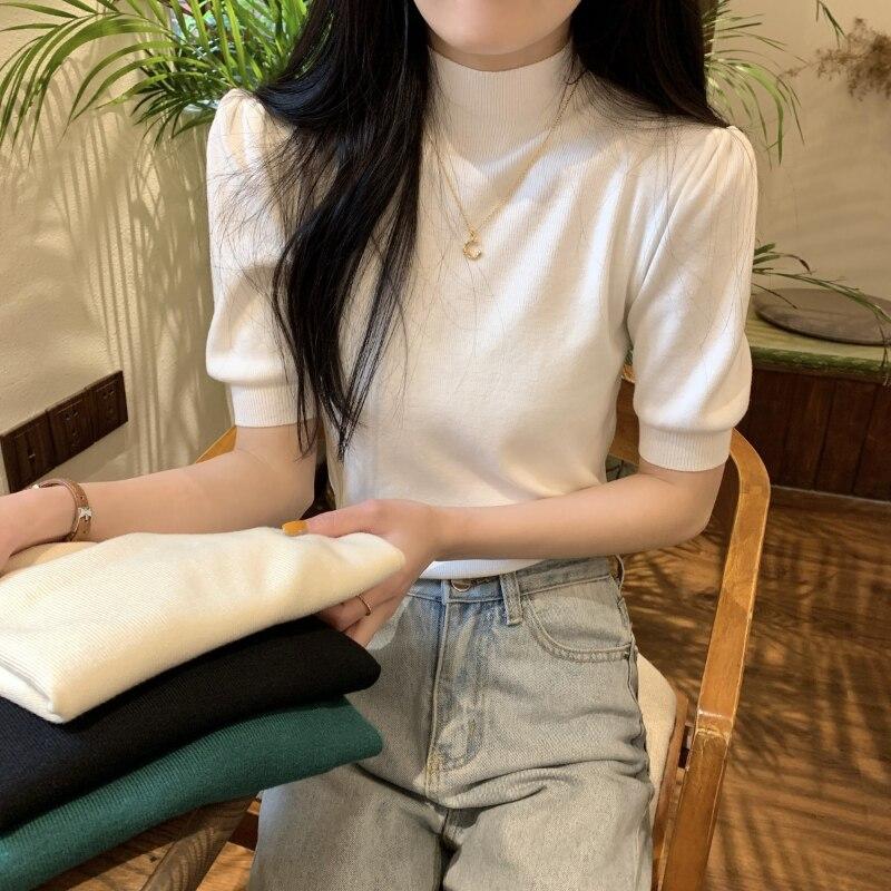 Sommer Vintage Puff Hülse Gestrickte Bluse Frauen Koreanische Halb Stehkragen Casual Elegante Frau Shirt Mode Schlank Solide Tops 25244